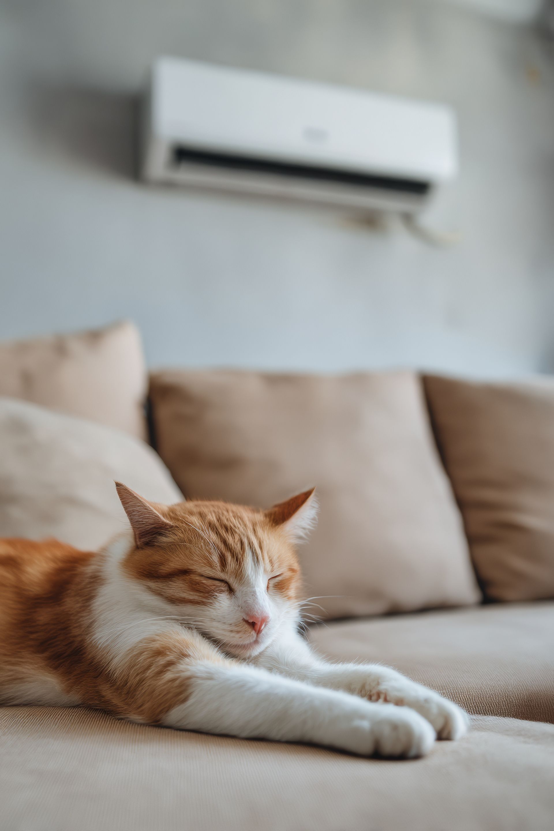 Chat orange et blanc dormant sur un canapé beige ; climatiseur en arrière-plan.
