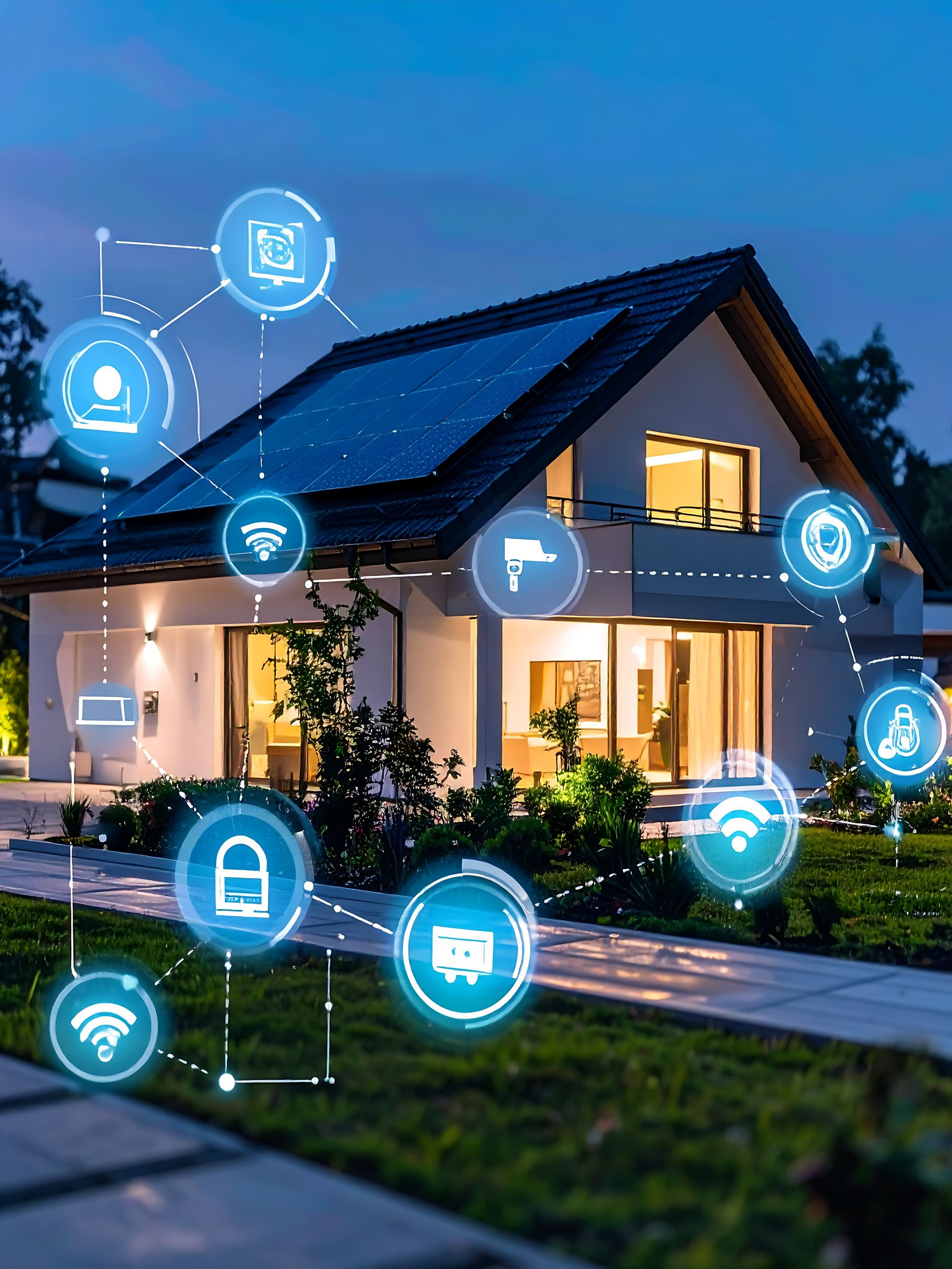 Maison intelligente avec icônes numériques connectées superposées, affichant les fonctions de sécurité, d'énergie et de communication.