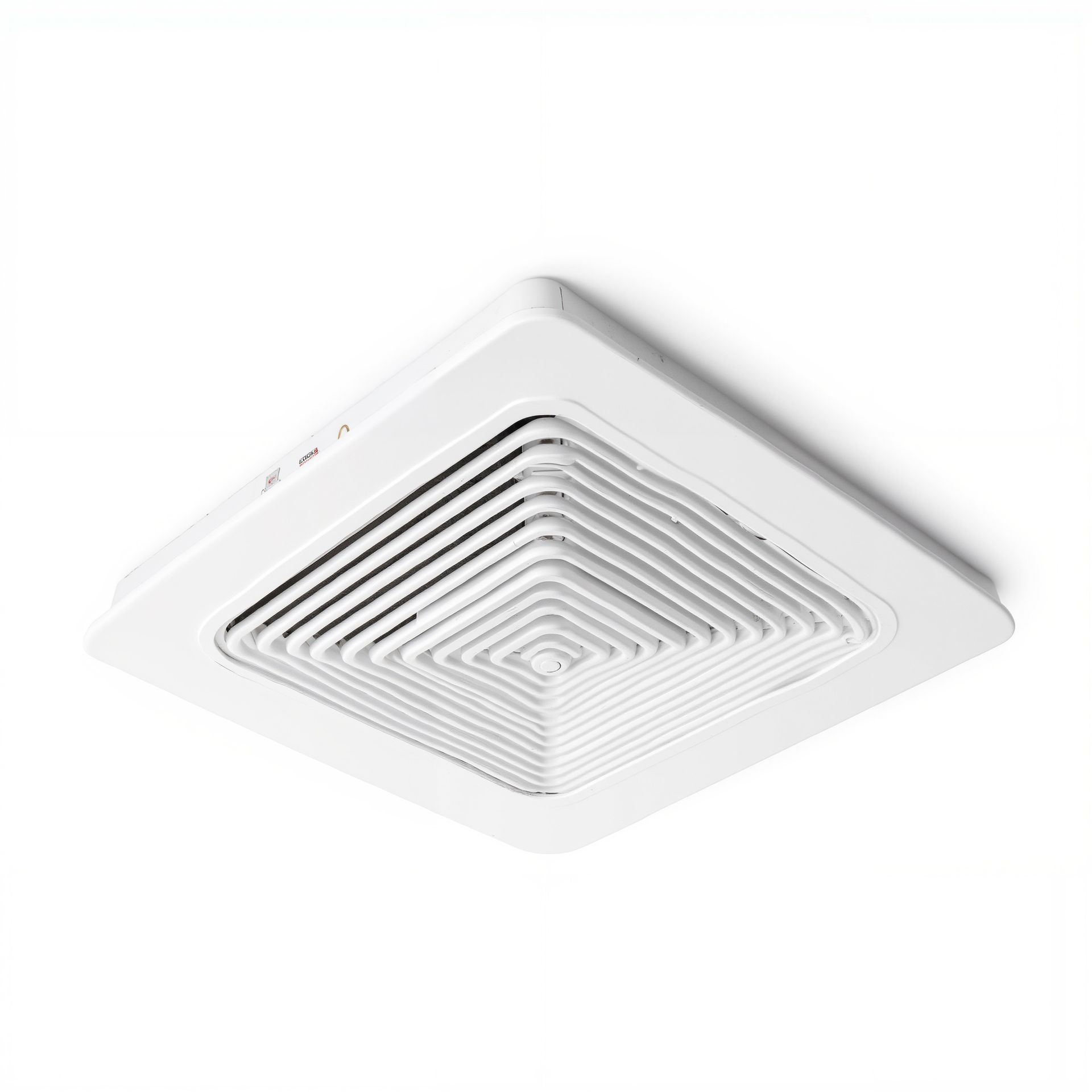 Ventilateur d'extraction de plafond carré blanc avec grilles d'aération superposées.