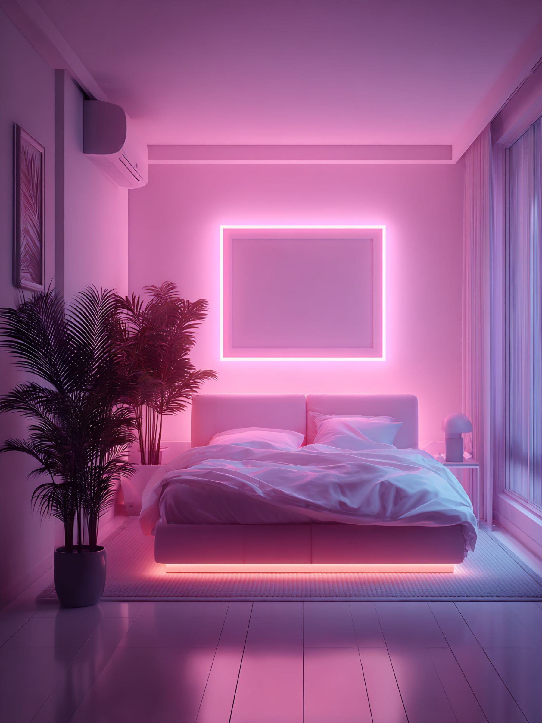 Chambre éclairée par des néons roses. Lit avec draps blancs, grand tableau encadré, grande plante en pot et fenêtre avec voilages.