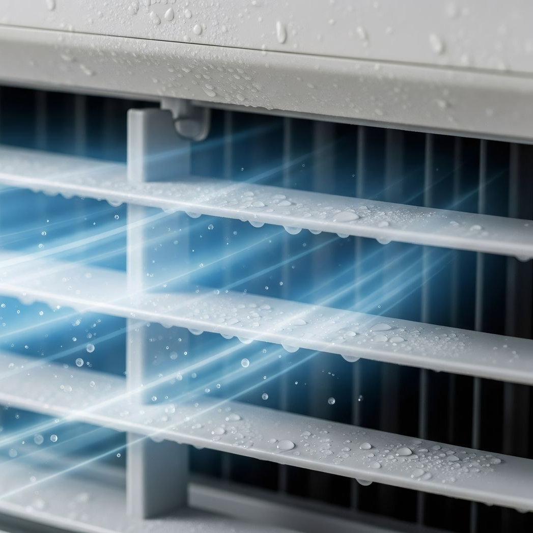Gros plan sur une grille d'aération blanche avec de la condensation et un flux d'air bleu rayonnant.