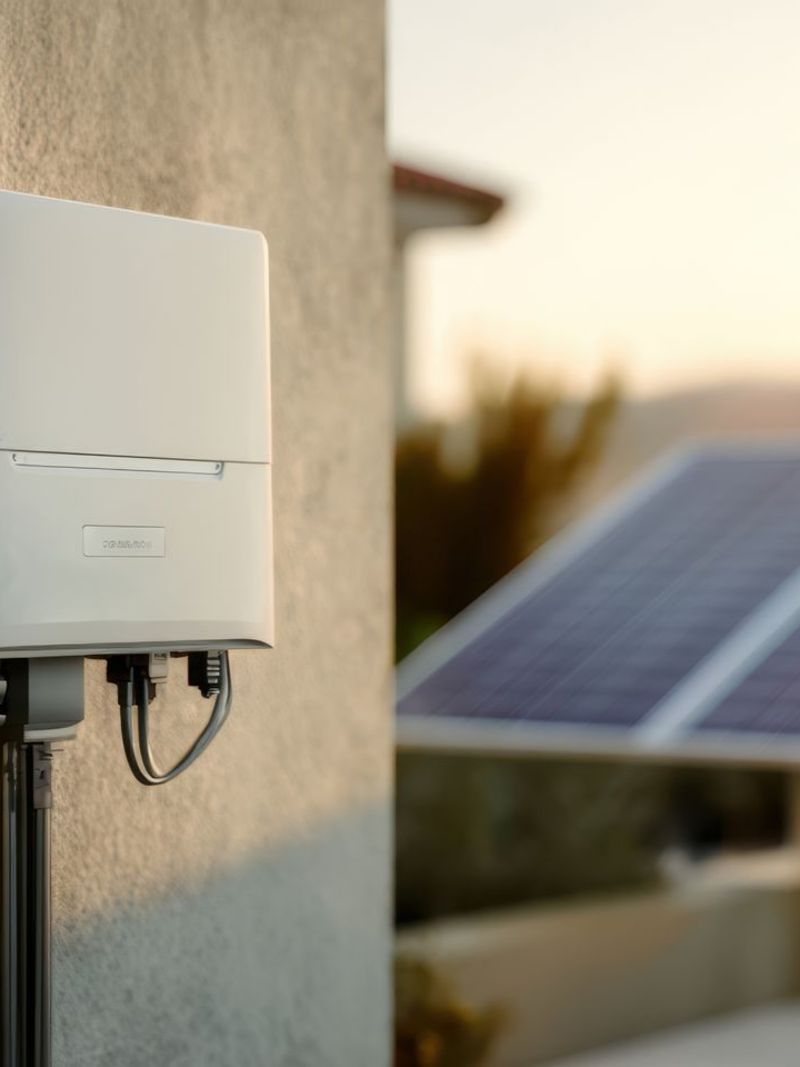 Onduleur solaire blanc fixé au mur, avec un panneau solaire en arrière-plan sous un coucher de soleil orangé.