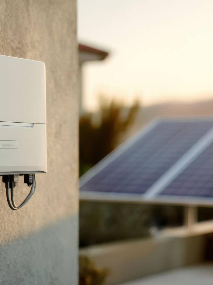 Onduleur solaire blanc monté sur un mur en stuc, avec des panneaux solaires en arrière-plan.