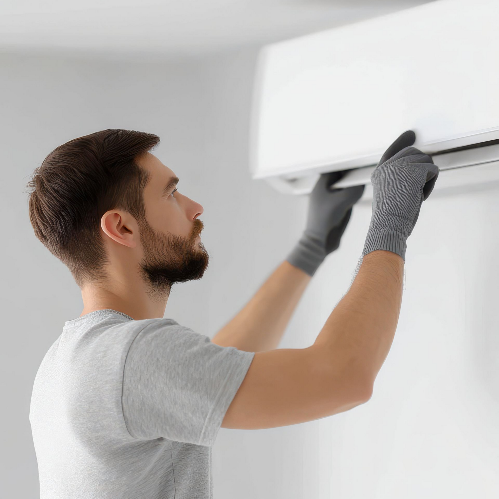 Un homme portant des gants gris inspecte un climatiseur blanc fixé sur un mur blanc.