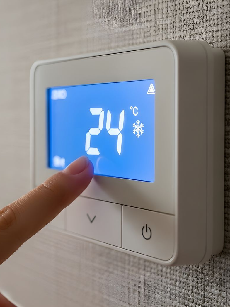 Le doigt d'une personne touchant un thermostat réglé à 24°C avec une icône de flocon de neige, fixé au mur.