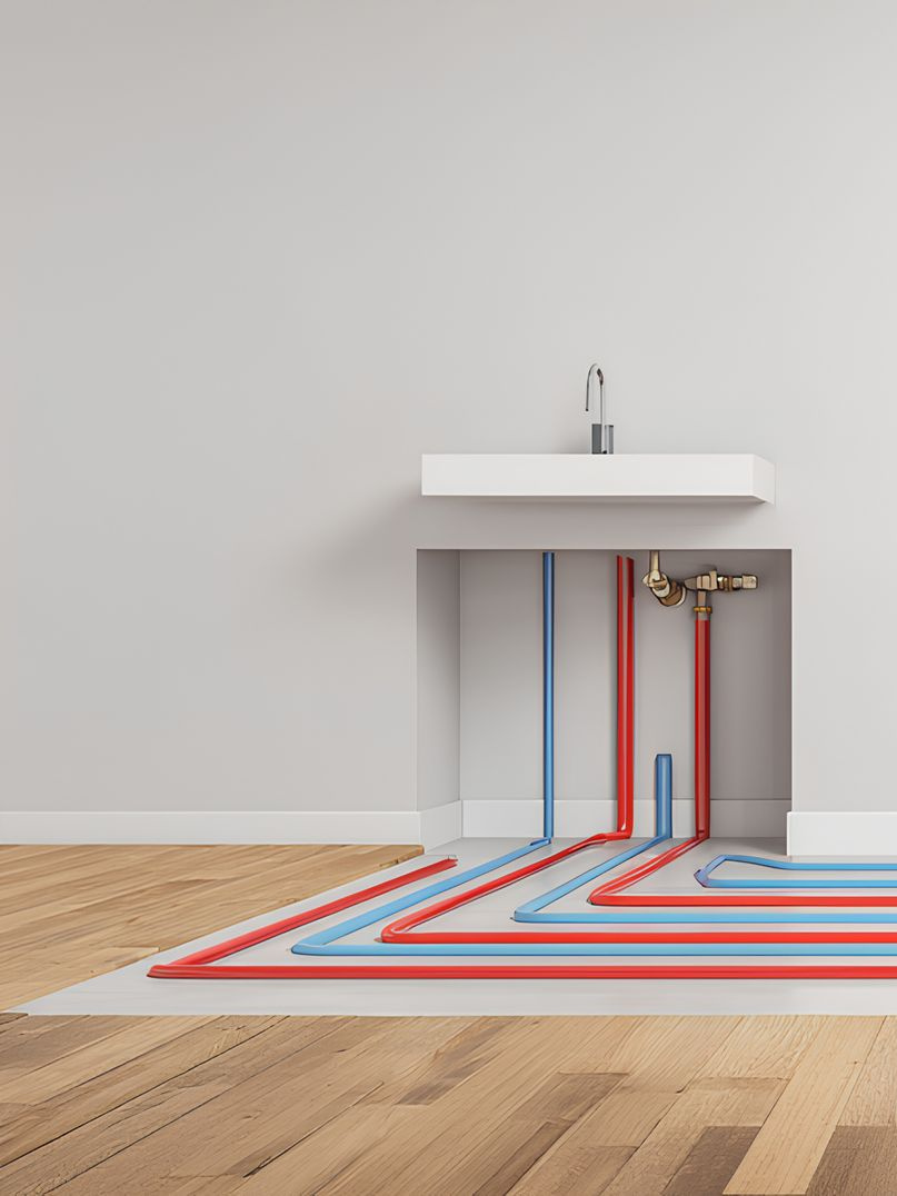 Des tuyaux d'arrivée d'eau rouges et bleus, sortant d'un mur, se raccordant à un évier et courant sur un plancher en bois.