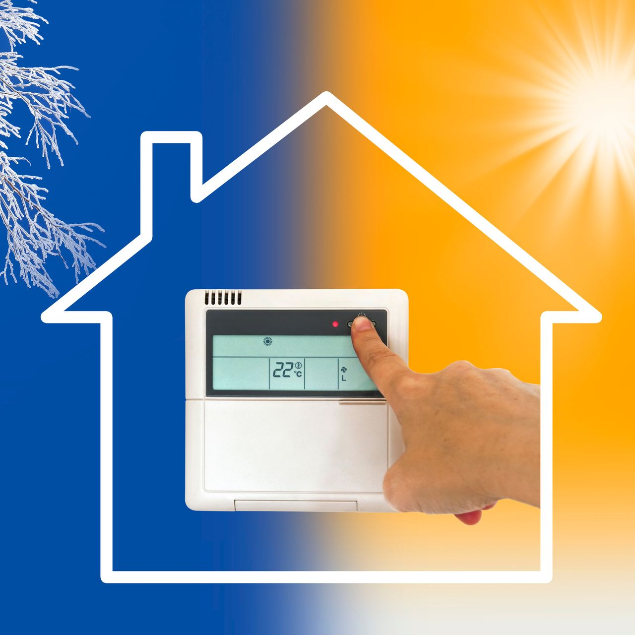 Réglage manuel du thermostat à l'intérieur du contour de la maison, contraste entre les fonds froids et chauds.