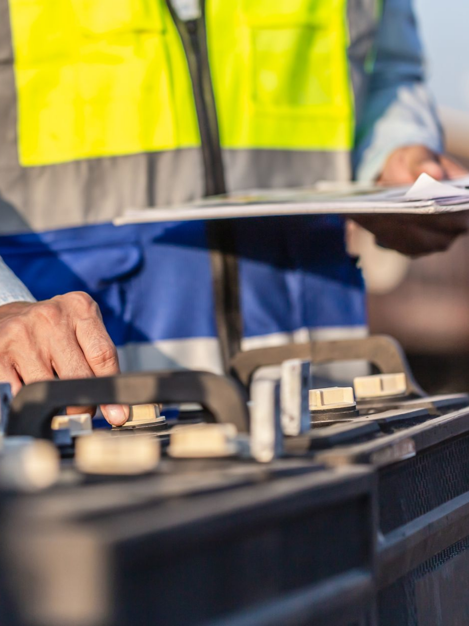 Technicien qui fait des réglages sur une batterie de stockage solaire