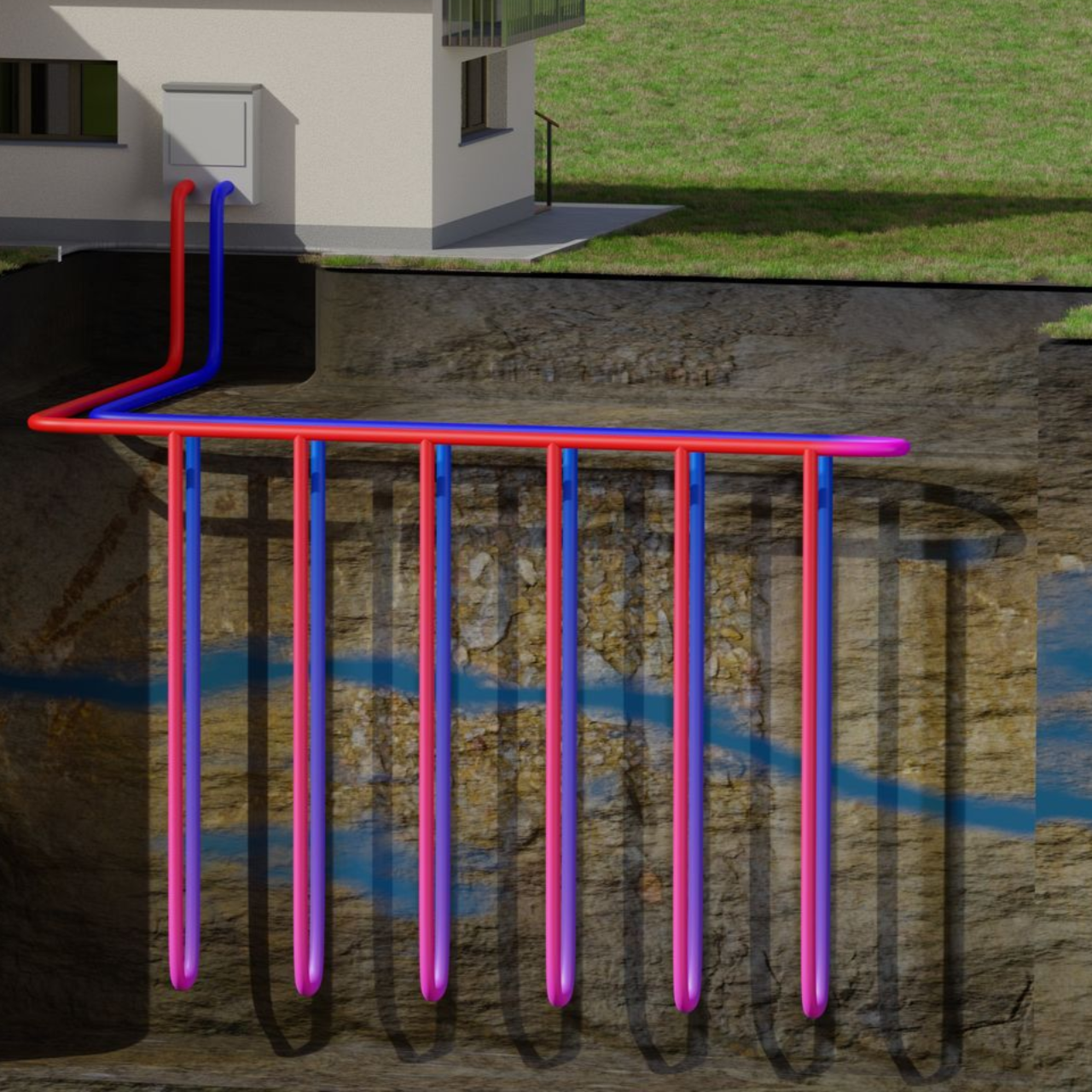 Schéma d'un système de chauffage géothermique avec des tuyaux rouges/bleus reliant un bâtiment au sol.