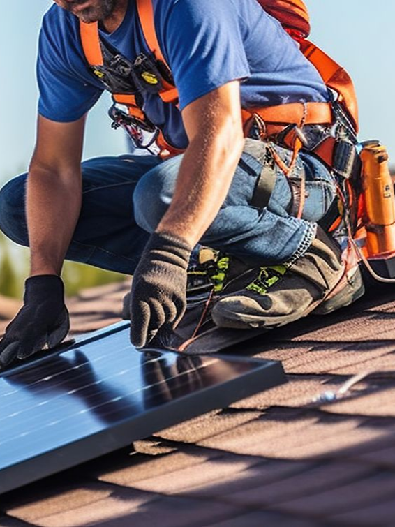 Ouvrier harnaché installant un panneau solaire sur un toit en bardeaux bruns.