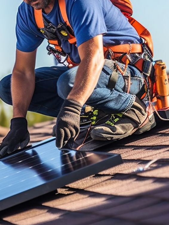 Ouvrier sur un toit, harnaché, installant un panneau solaire. Chemise bleue, harnais orange, gants noirs, position accroupie.