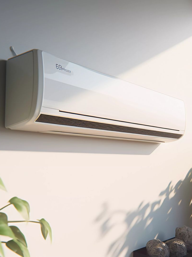 Climatiseur mural blanc. L'appareil est rectangulaire. Des ombres de plantes se projettent sur le mur.