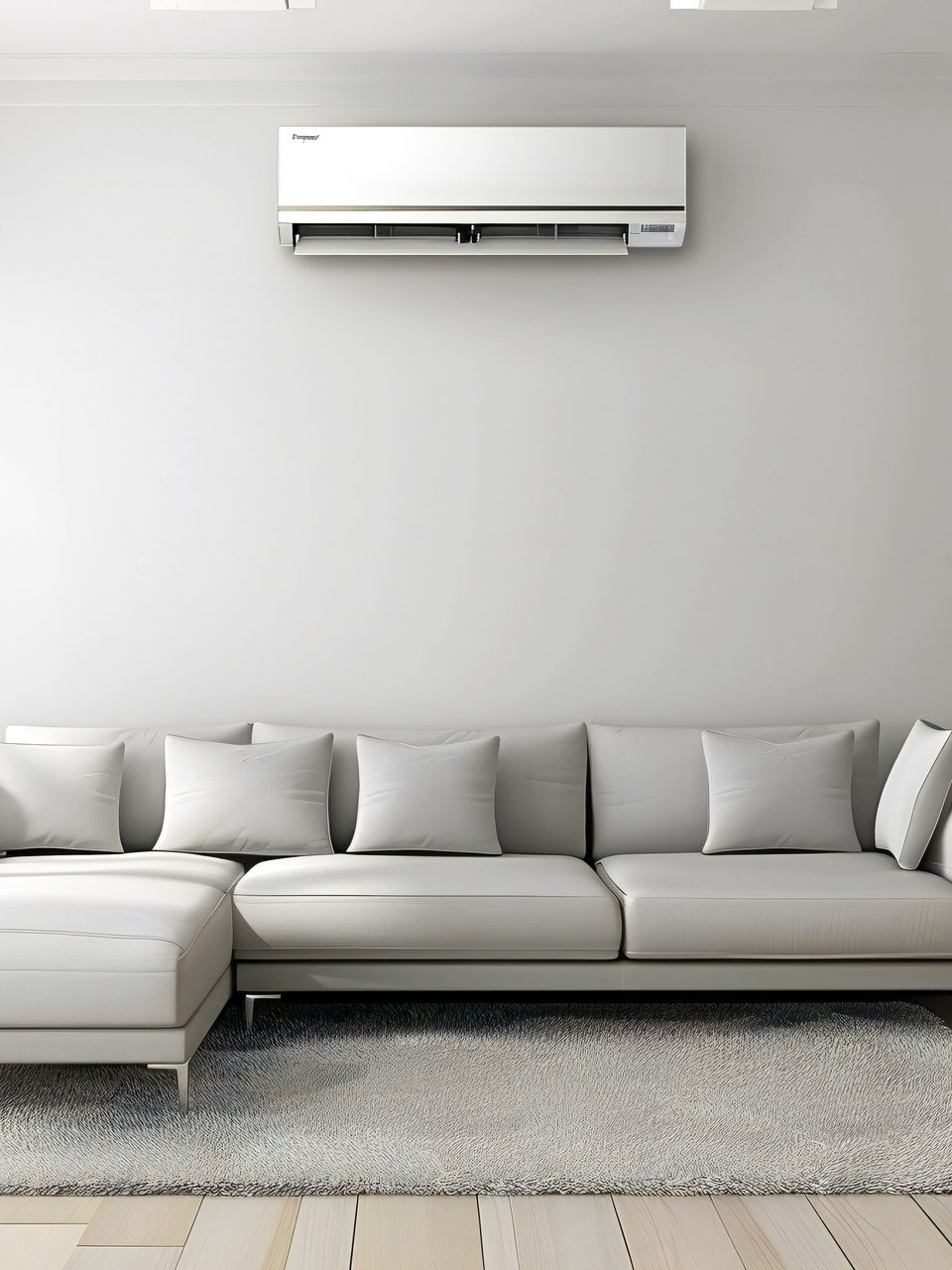 Un climatiseur blanc surplombe un canapé d'angle gris clair avec des coussins, posé sur un tapis à poils longs, dans une pièce moderne aux murs blancs.