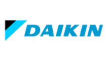 Logo Daikin : Forme géométrique bleue et noire à côté du mot DAIKIN en texte bleu.
