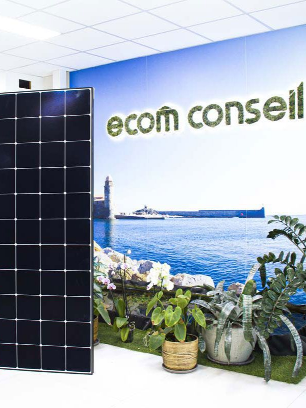Panneau solaire devant un décor représentant une vue sur la mer et les mots « Ecom Conseil ».