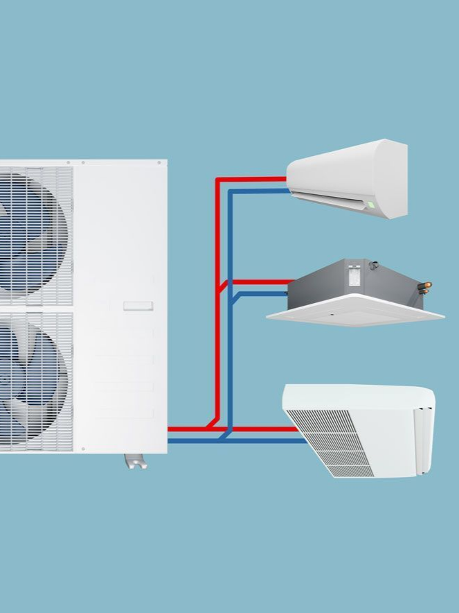 Système de climatisation blanc avec unité extérieure reliée à trois unités intérieures par des tuyaux rouges/bleus.