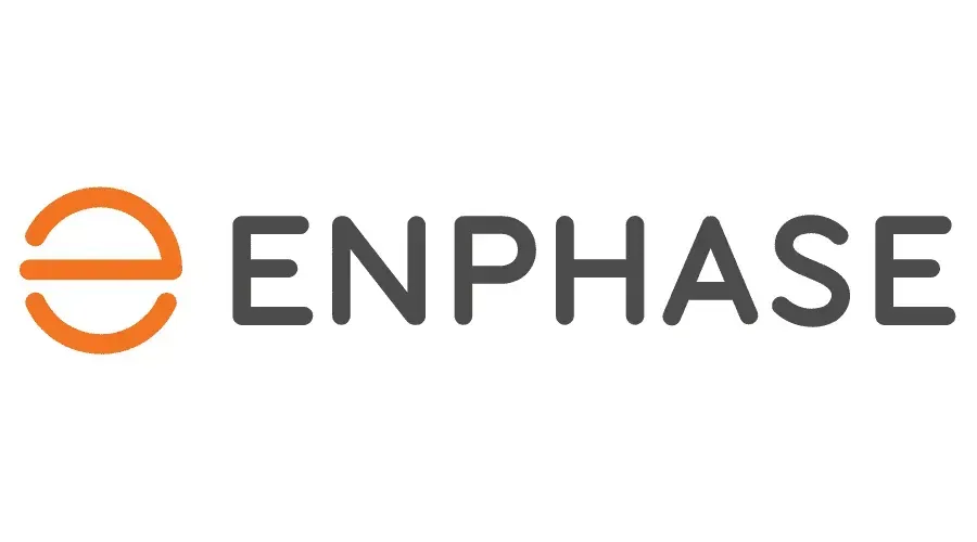 Logo Enphase Energy : symbole  e  orange avec une ligne horizontale au milieu, à côté du mot ENPHASE en gris.