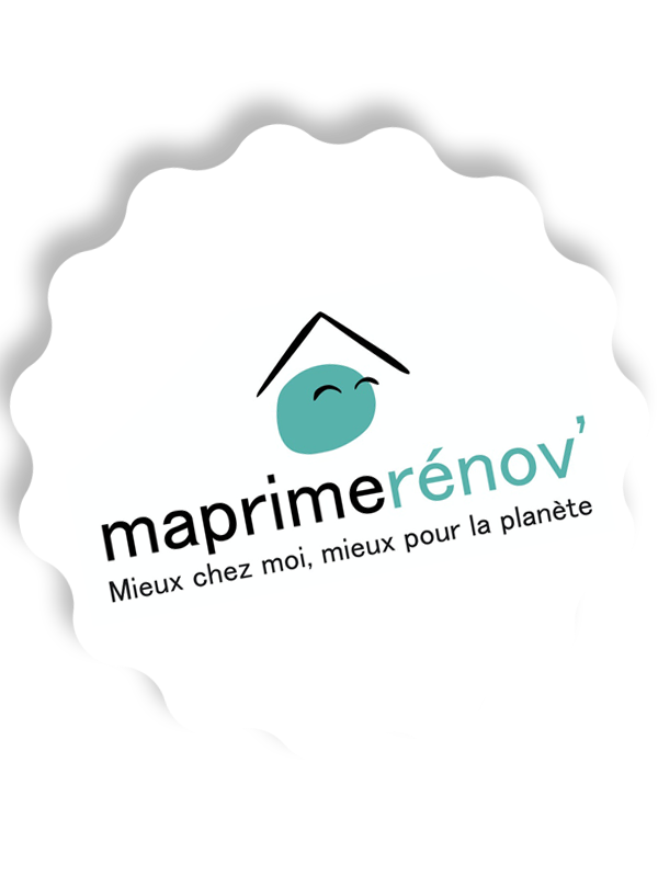 Logo de « MaPrimeRénov », une subvention pour la rénovation domiciliaire. Il représente une maison sur fond turquoise, accompagnée de texte.