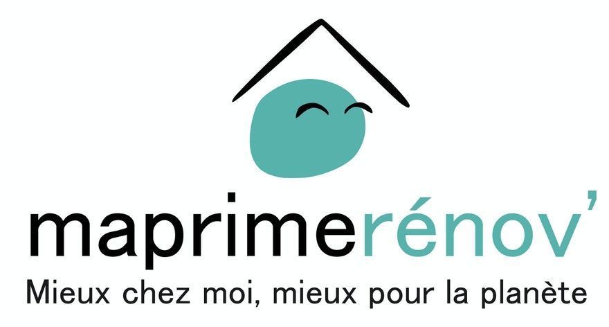 Logo de MaPrimeRénov', une tache turquoise avec des yeux sous un toit noir, le texte MaPrimeRénov' et le slogan.