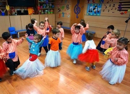 Un grupo de niños está bailando en una habitación.