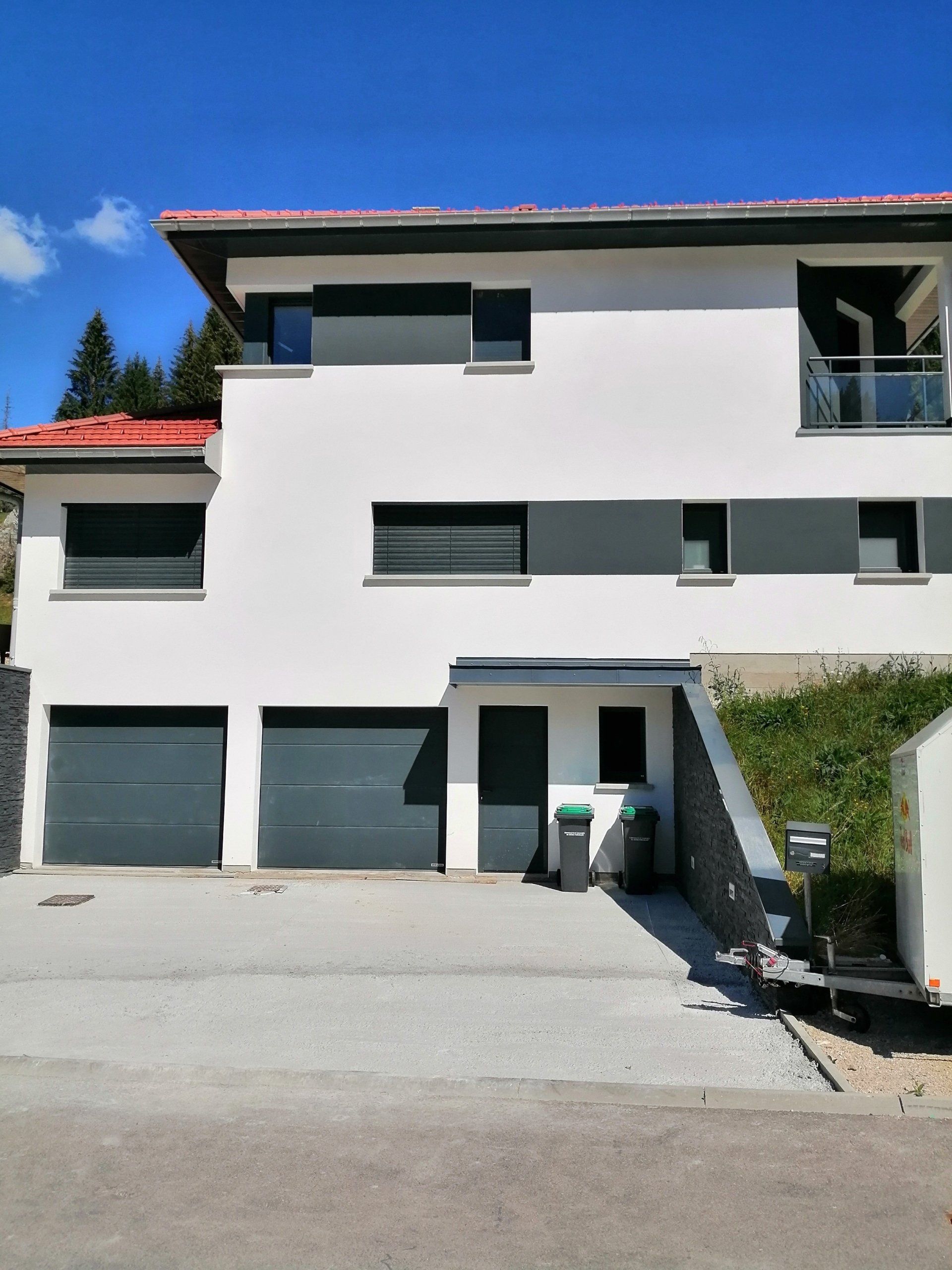 Pose de fenêtres en bois/aluminium, brise-soleil orientables et portes de service de garage sectionnelle