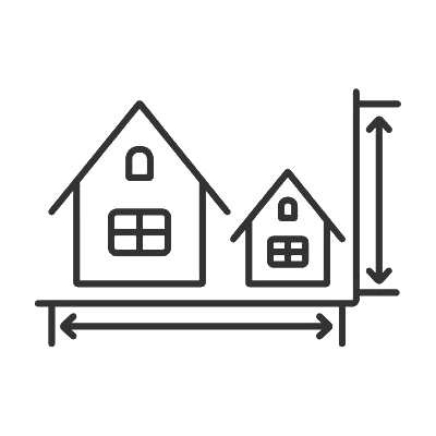 Un dibujo lineal de dos casas midiendo su altura.