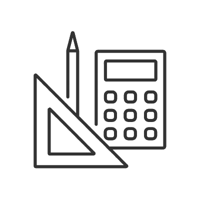 Se muestran una calculadora, una regla y un lápiz en un icono de línea.