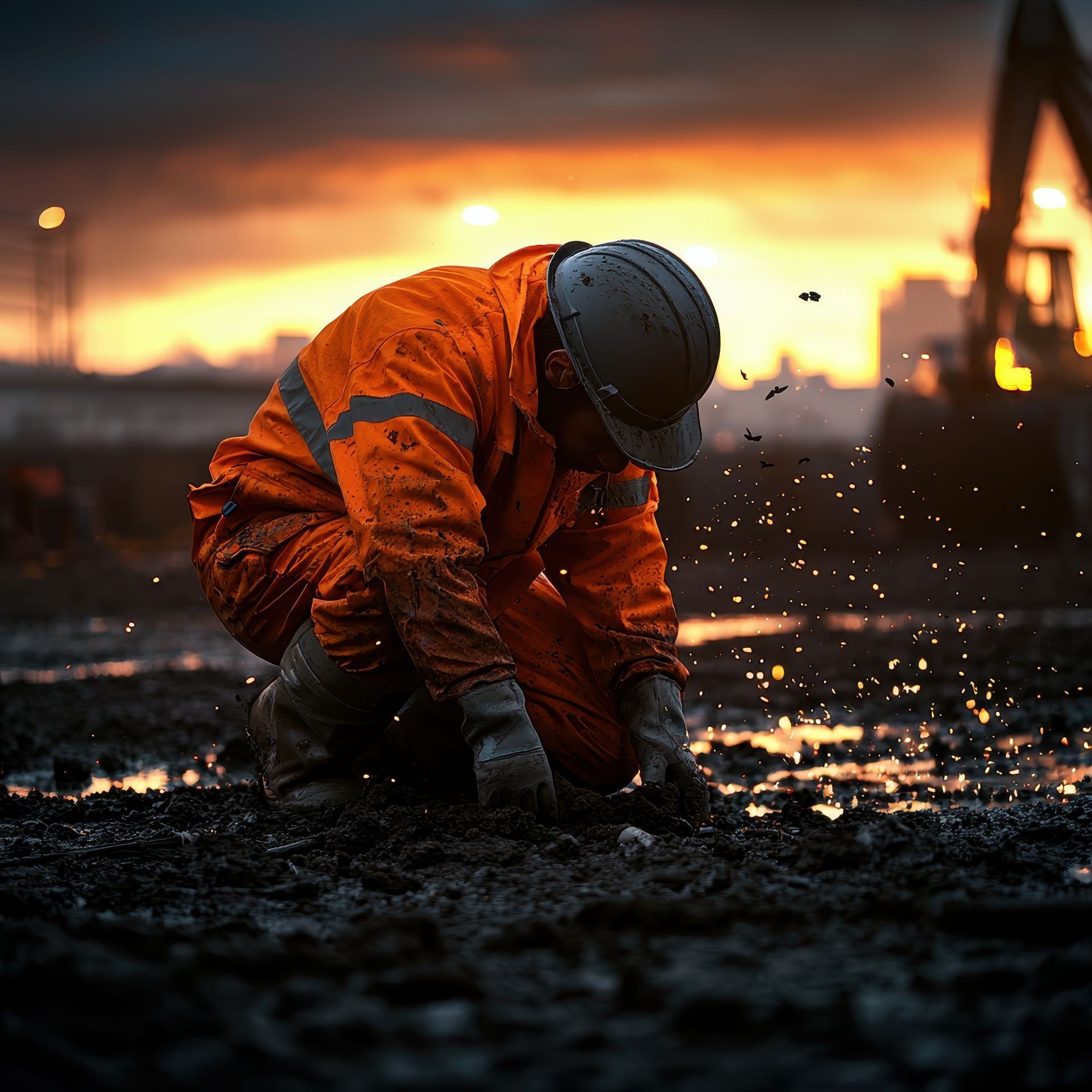 Ouvrier du bâtiment en combinaison orange, agenouillé dans la boue, examinant le sol au coucher du soleil.