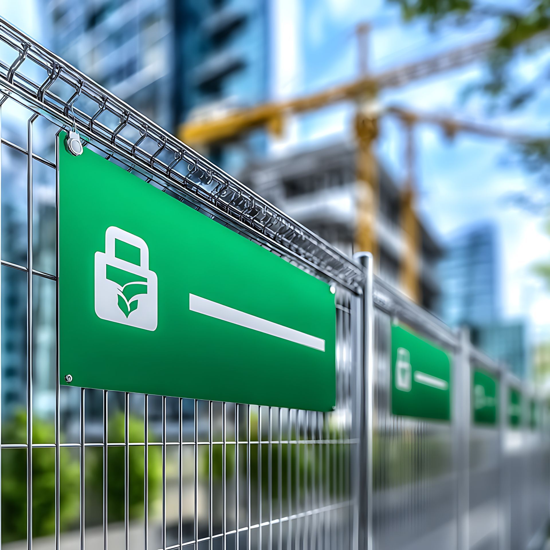 Panneau vert sur une clôture en grillage sur un chantier de construction, avec des bâtiments et une grue en arrière-plan.