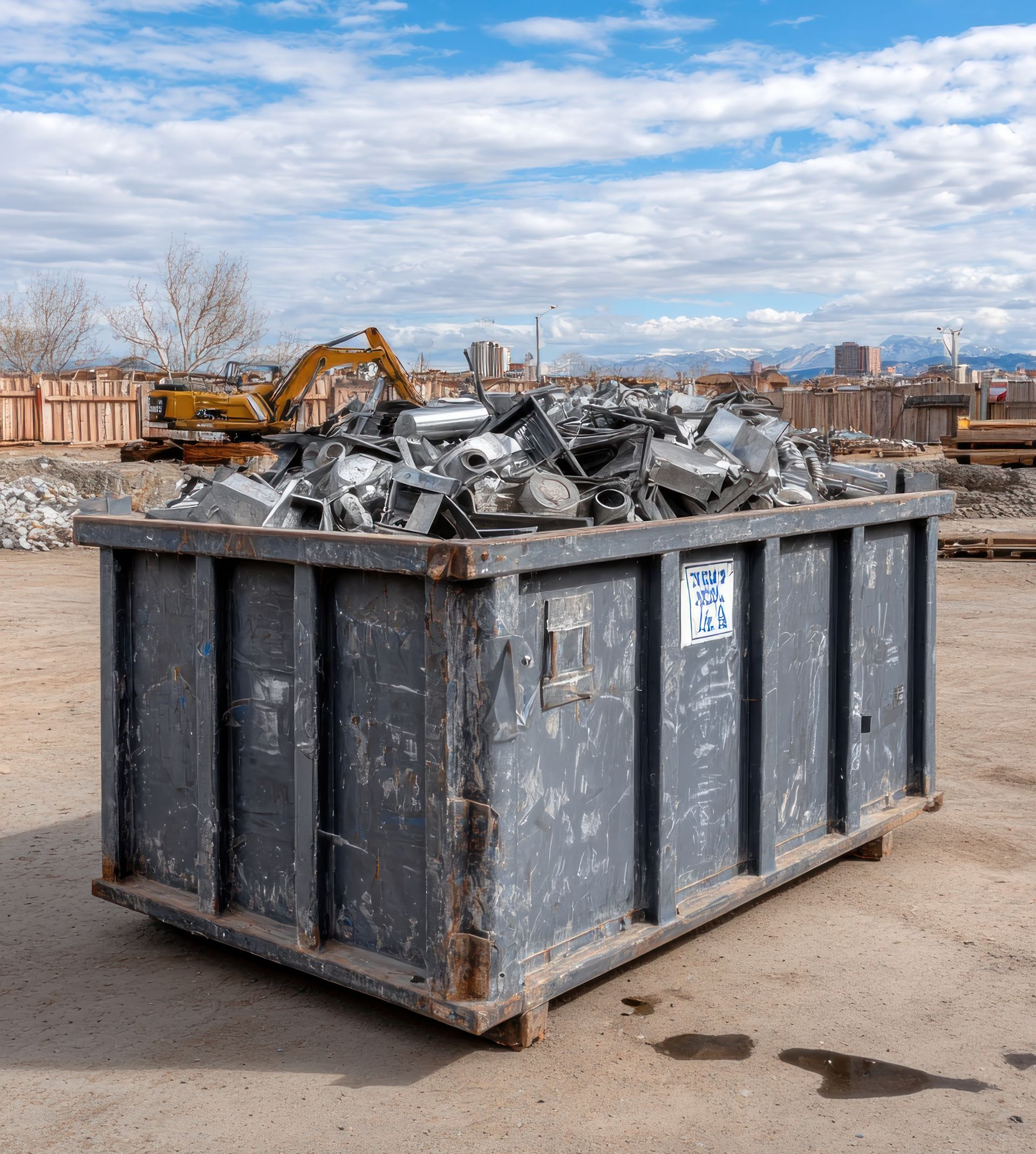 Benne à ordures remplie de ferraille, chantier de construction en arrière-plan, ciel bleu.