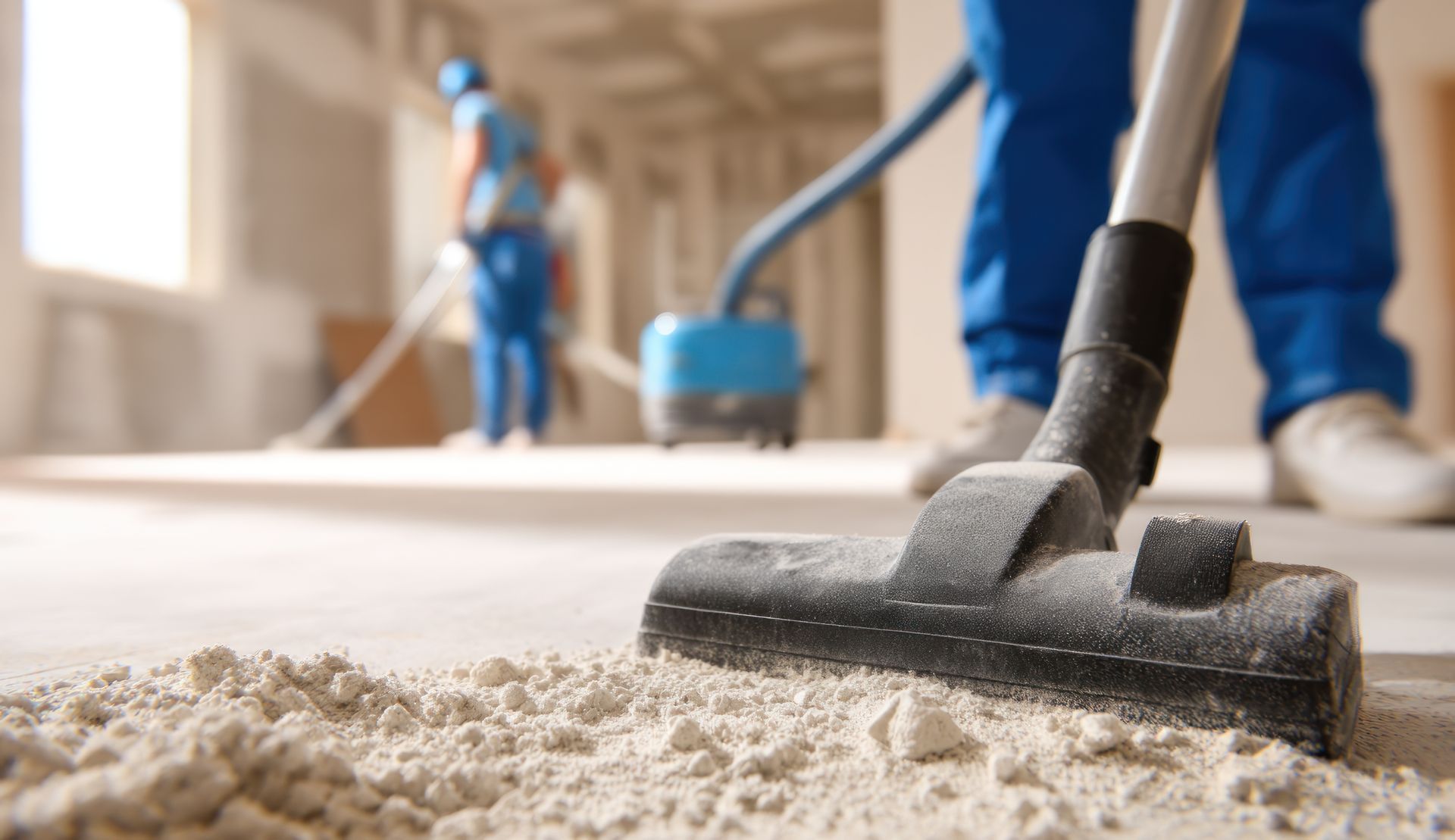 Un ouvrier du bâtiment passe l'aspirateur sur un sol ; un autre ouvrier est visible en arrière-plan.