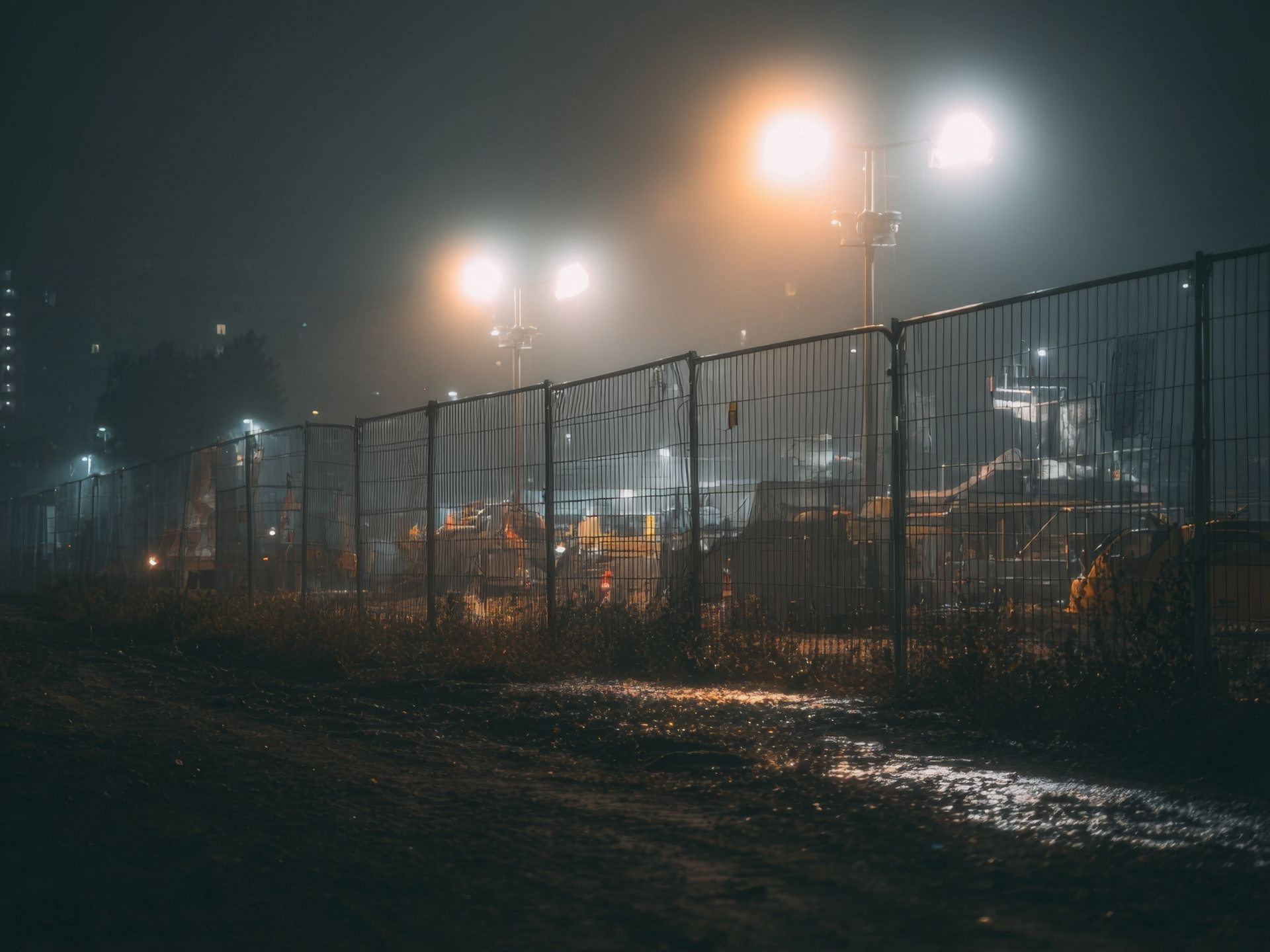 Une scène nocturne brumeuse avec une clôture en grillage, des lampadaires lumineux et une route boueuse.