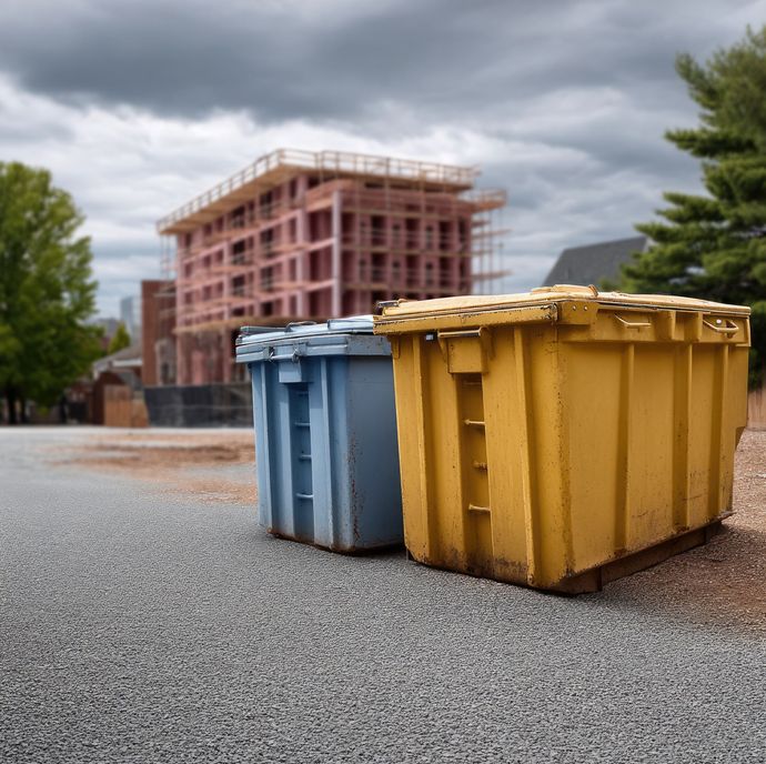 Deux grands conteneurs à déchets en plastique sur un terrain gravillonné.