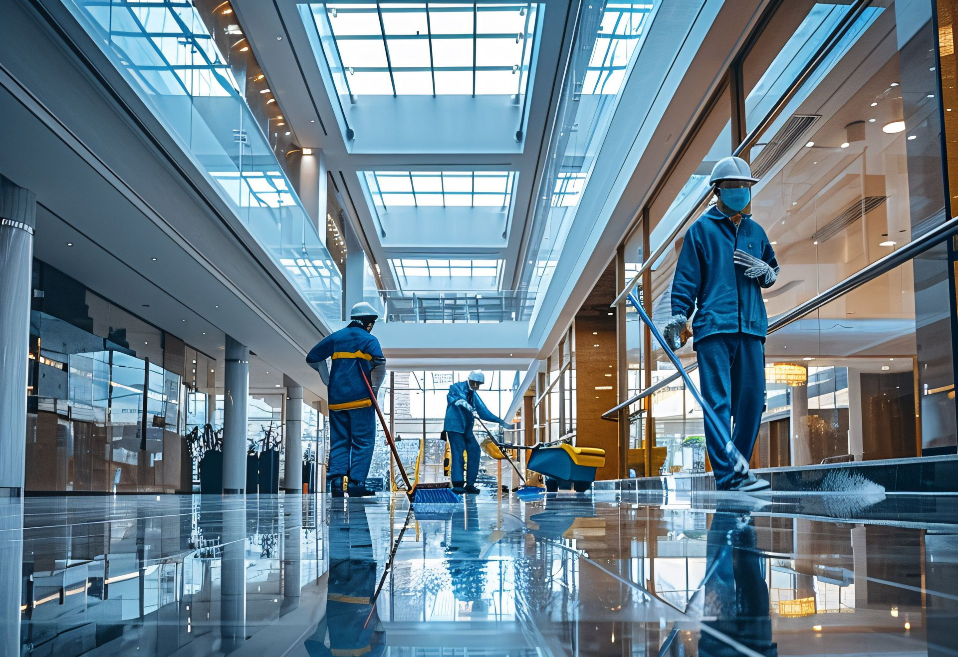 Une équipe de nettoyage travaille dans un bâtiment moderne aux surfaces vitrées et réfléchissantes.