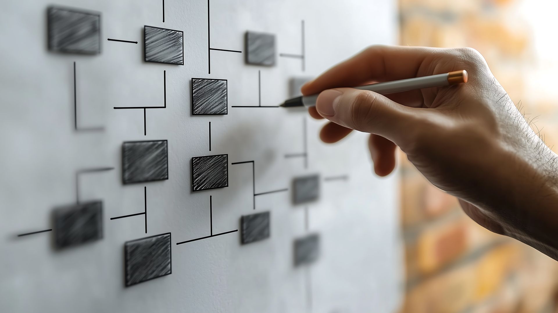 Une main tenant un crayon trace un parcours sur un tableau.