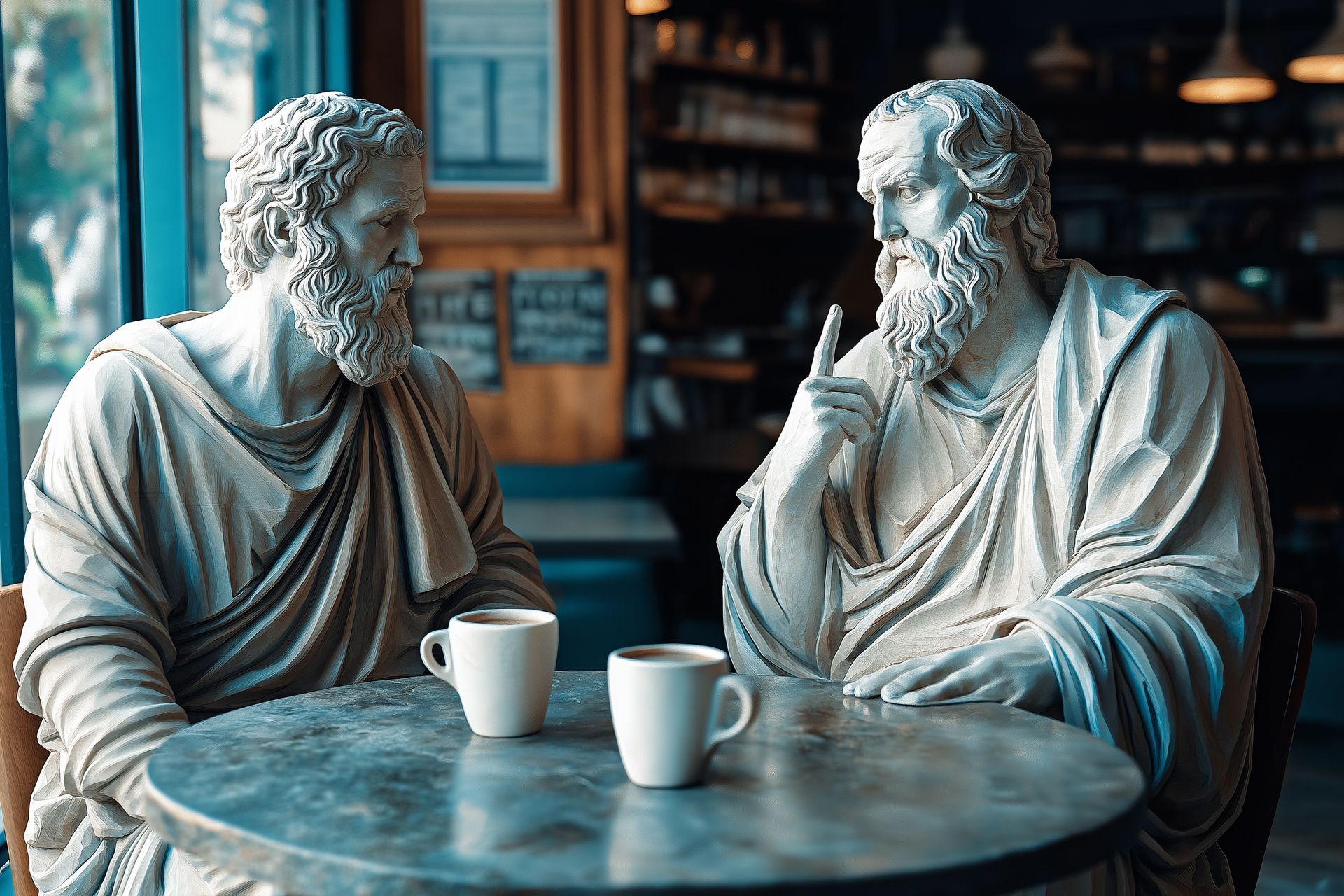 deux personnages à barbe en forme de statues grecques sont assis à une table de café sont en train de discuter
