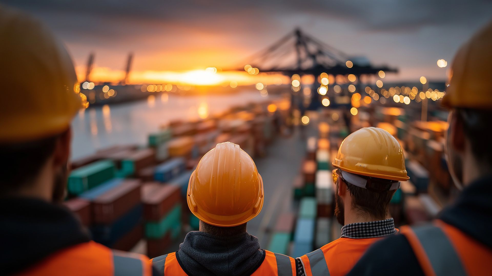 des hommes en tenue de travail regardent des docks de déchargement au coucher de soleil