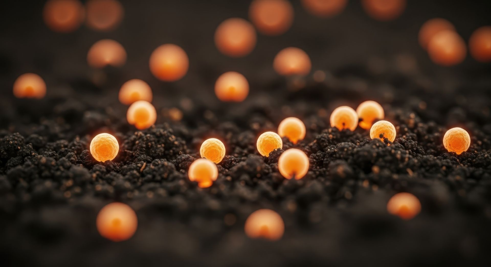 des graines couleur orangées qui brillent et reposent sur un sol de terre.