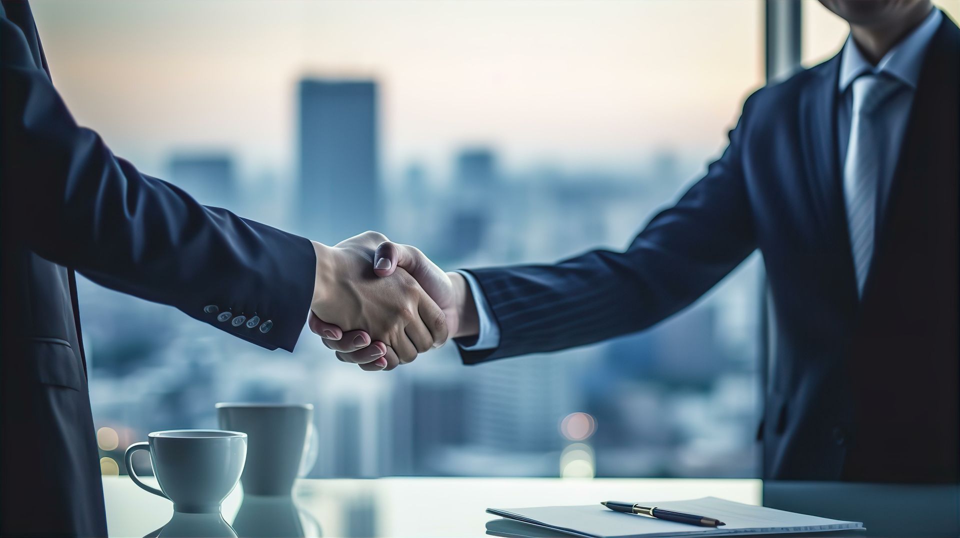 Deux hommes en costumes se serrent la main.