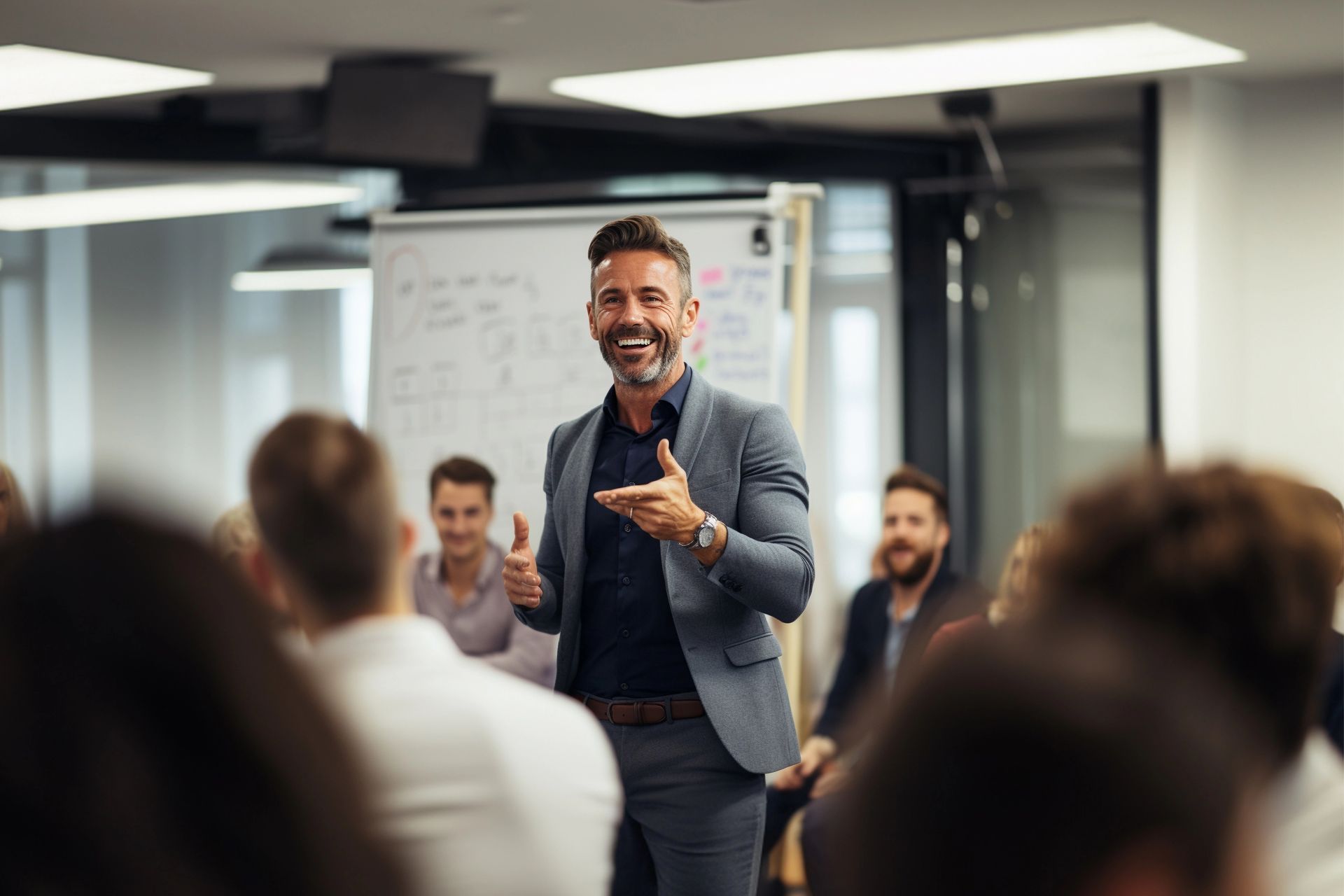 Un formateur entouré d'un public assis autour de lui.