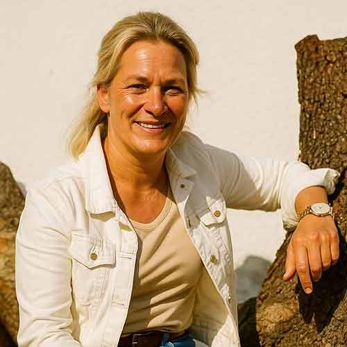Frau mit blonden Haaren, trägt eine weiße Jacke und ein beiges Hemd, lächelt im Freien und lehnt an Holz.