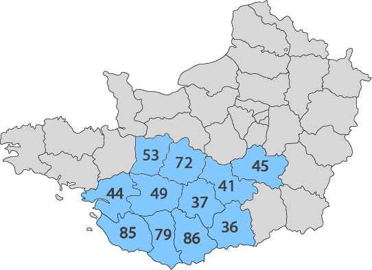 Carte mettant en évidence les régions du sud et du centre, avec des zones numérotées en bleu sur fond gris.