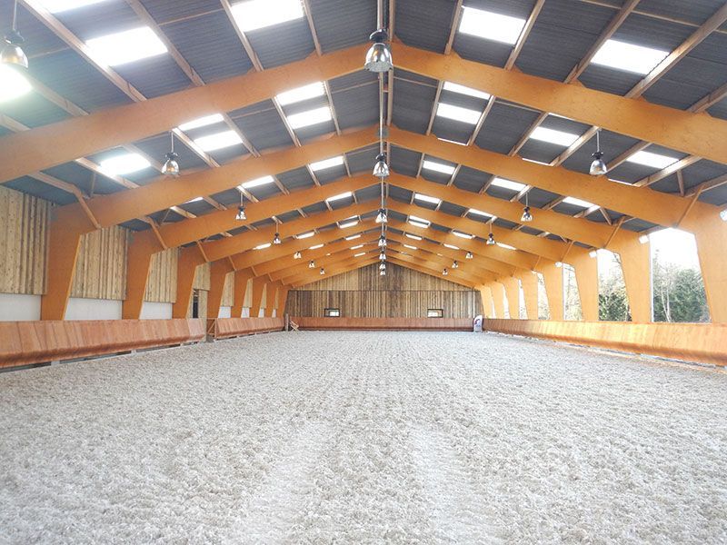 Manège équestre couvert avec poutres en bois, puits de lumière et sol sablonneux.