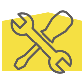 Une clé et un tournevis croisés, sur un rectangle jaune qui ressemble à un toit, évoquent la maintenance.