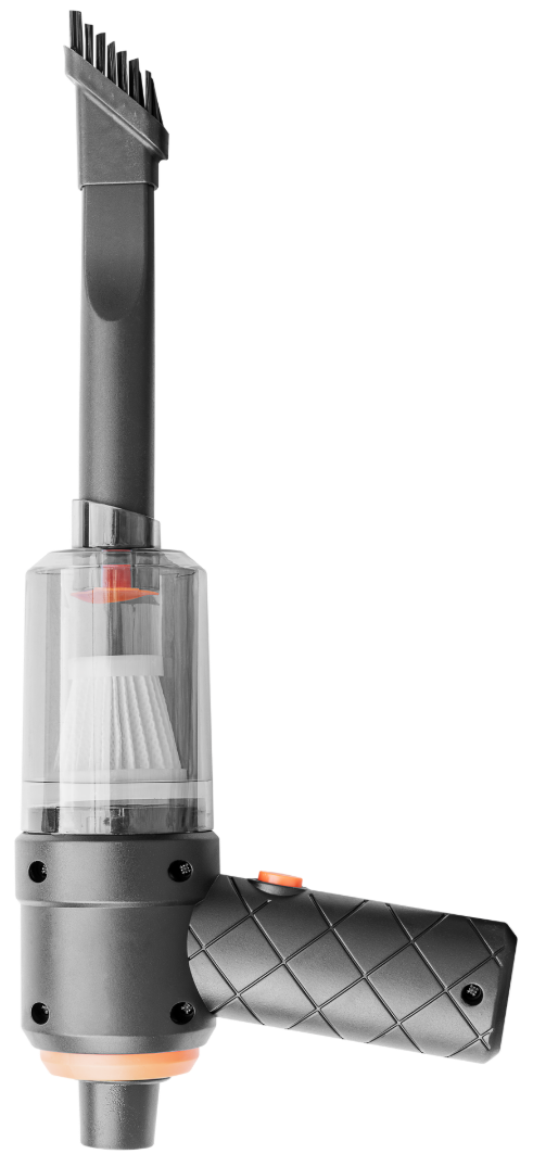 Un aspirateur portatif doté d'une brosse et d'un réservoir à poussière transparent.