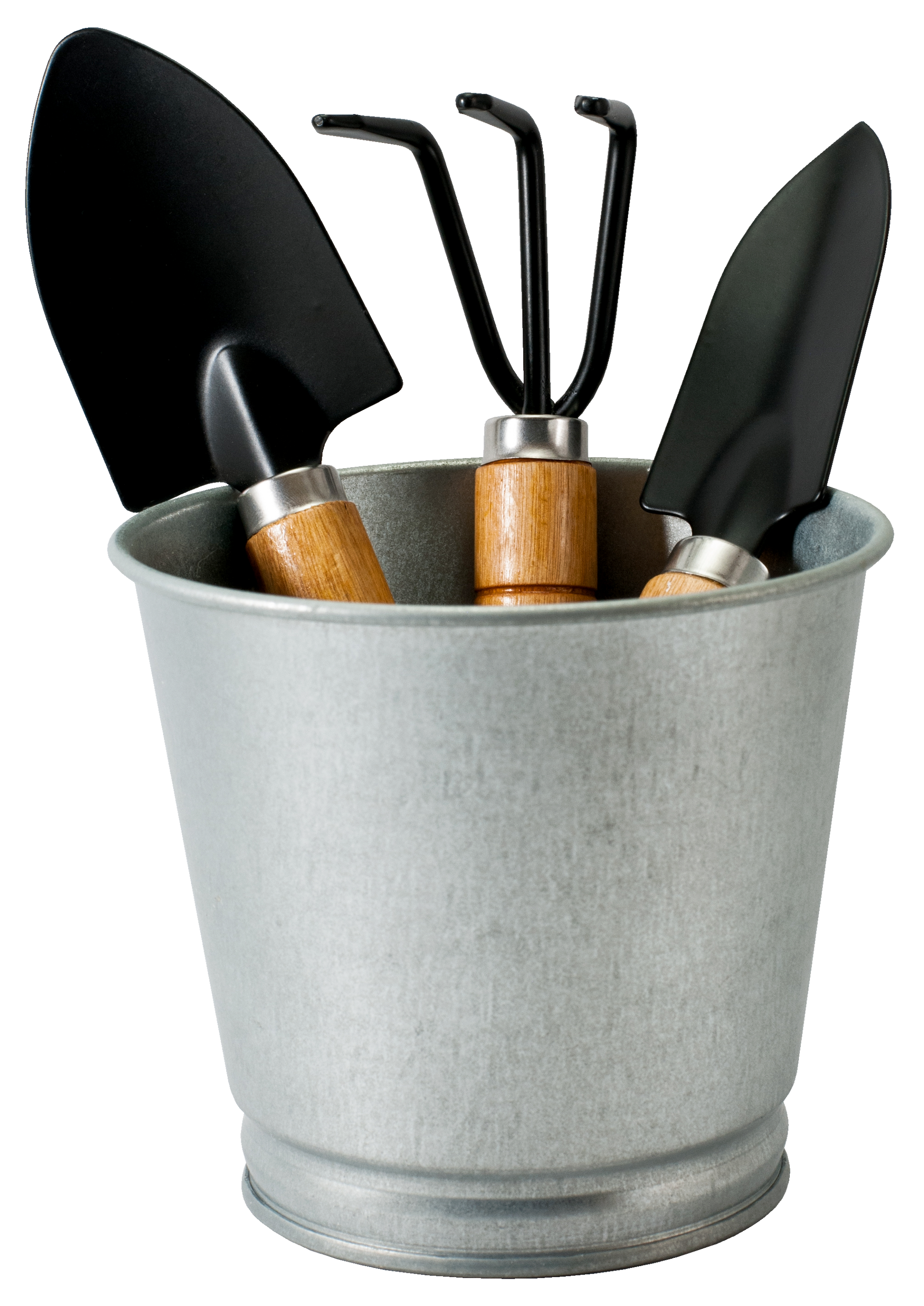Trois petits outils de jardinage à manches en bois, rangés dans un seau en métal.