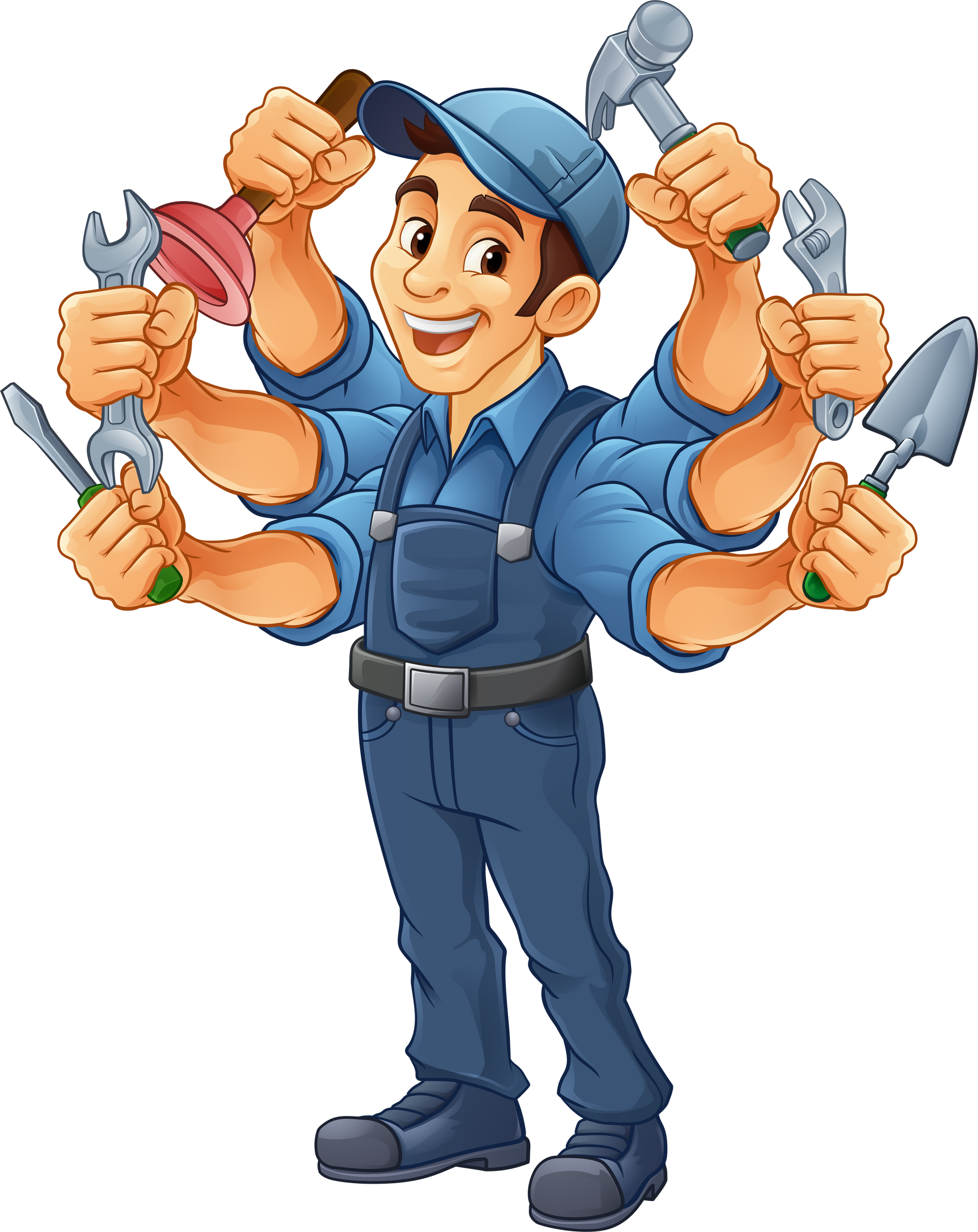 Ouvrier en dessin animé en salopette et casquette bleues, avec six bras, tenant des outils.