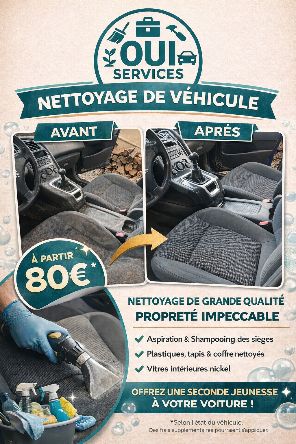 Dépliant pour le nettoyage de voitures Oui Services, un avant/après de l'intérieur d'une voiture, à partir de 80€.