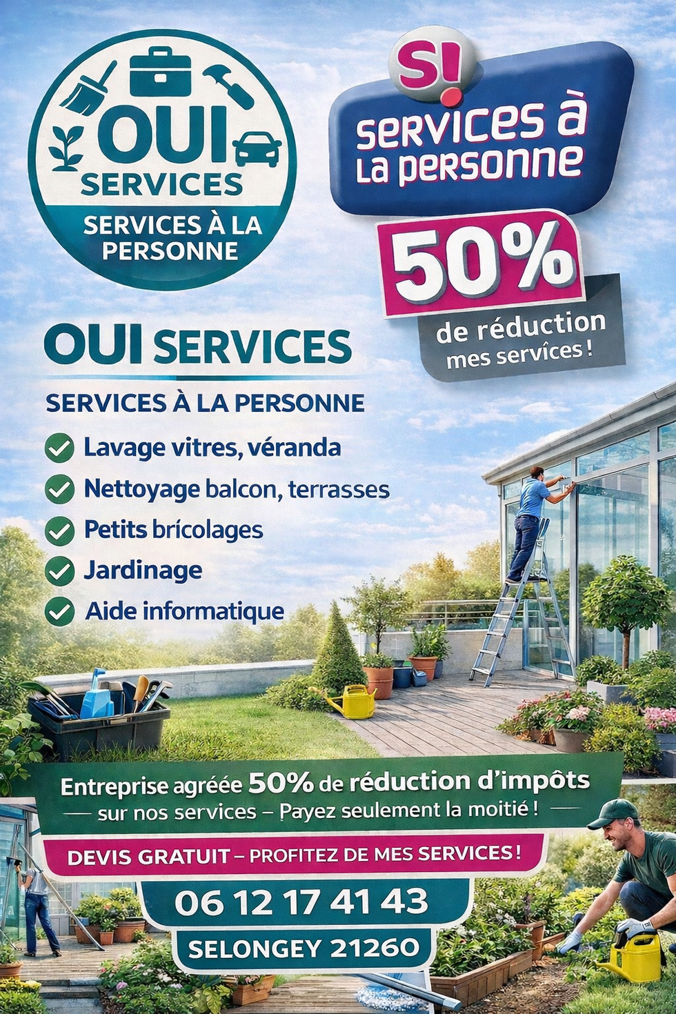 Le dirigeant de Oui Services pousse une tondeuse à gazon orange et noire dans un jardin.
