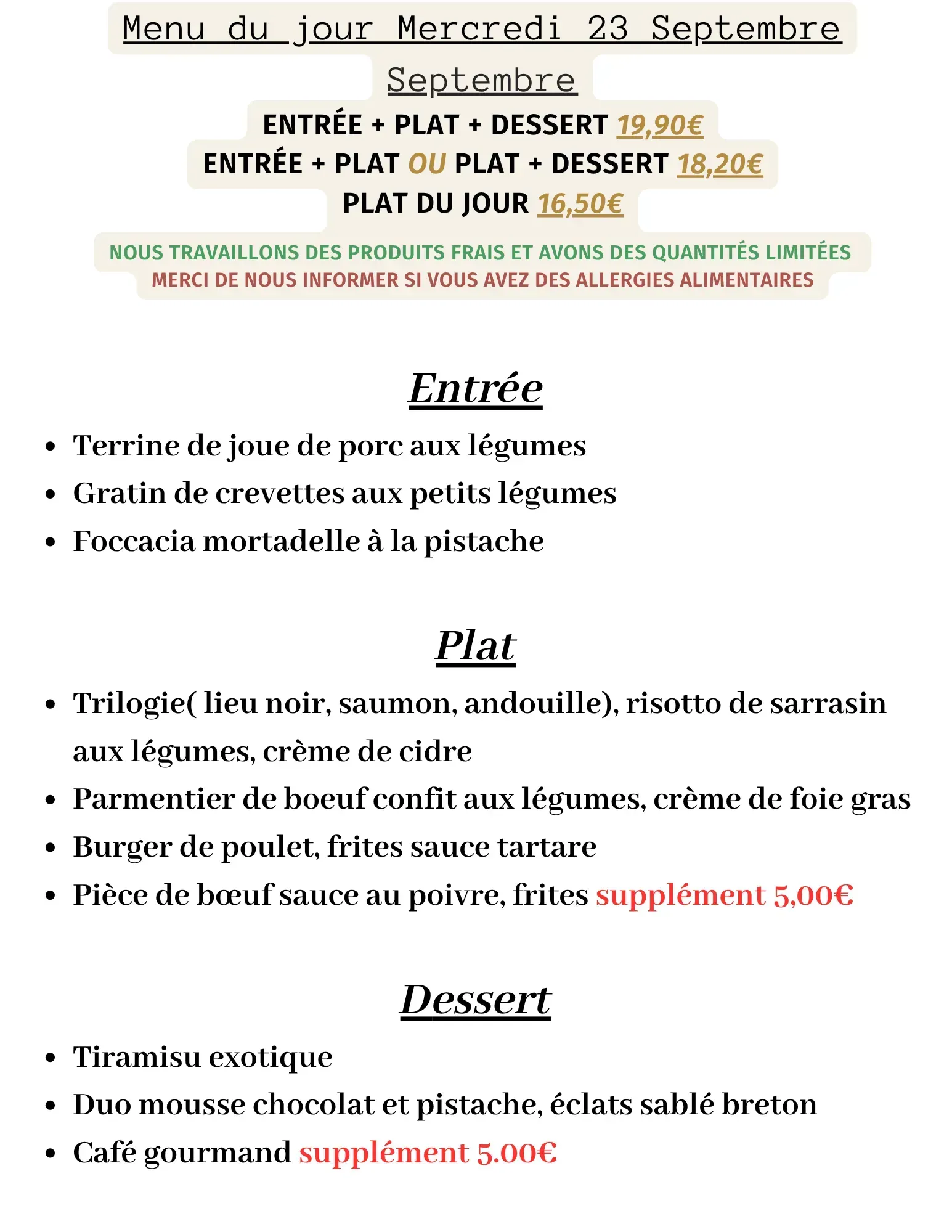 Affiche de menu de restaurant français avec les options d'entrées, de plats et de desserts et leurs prix.